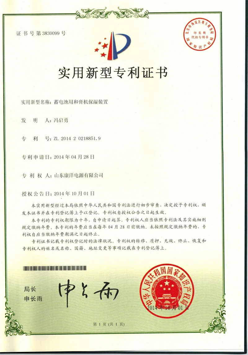Patent certificate 1